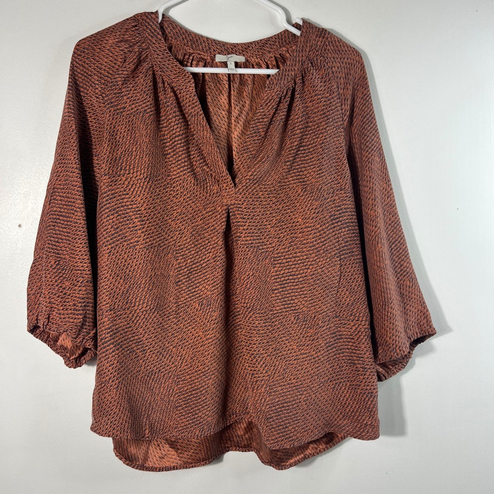 Womens Joie V Neck Silk Pullover‎ Blouse 3/4 Sleeve Loose Elastic Orange Gray S